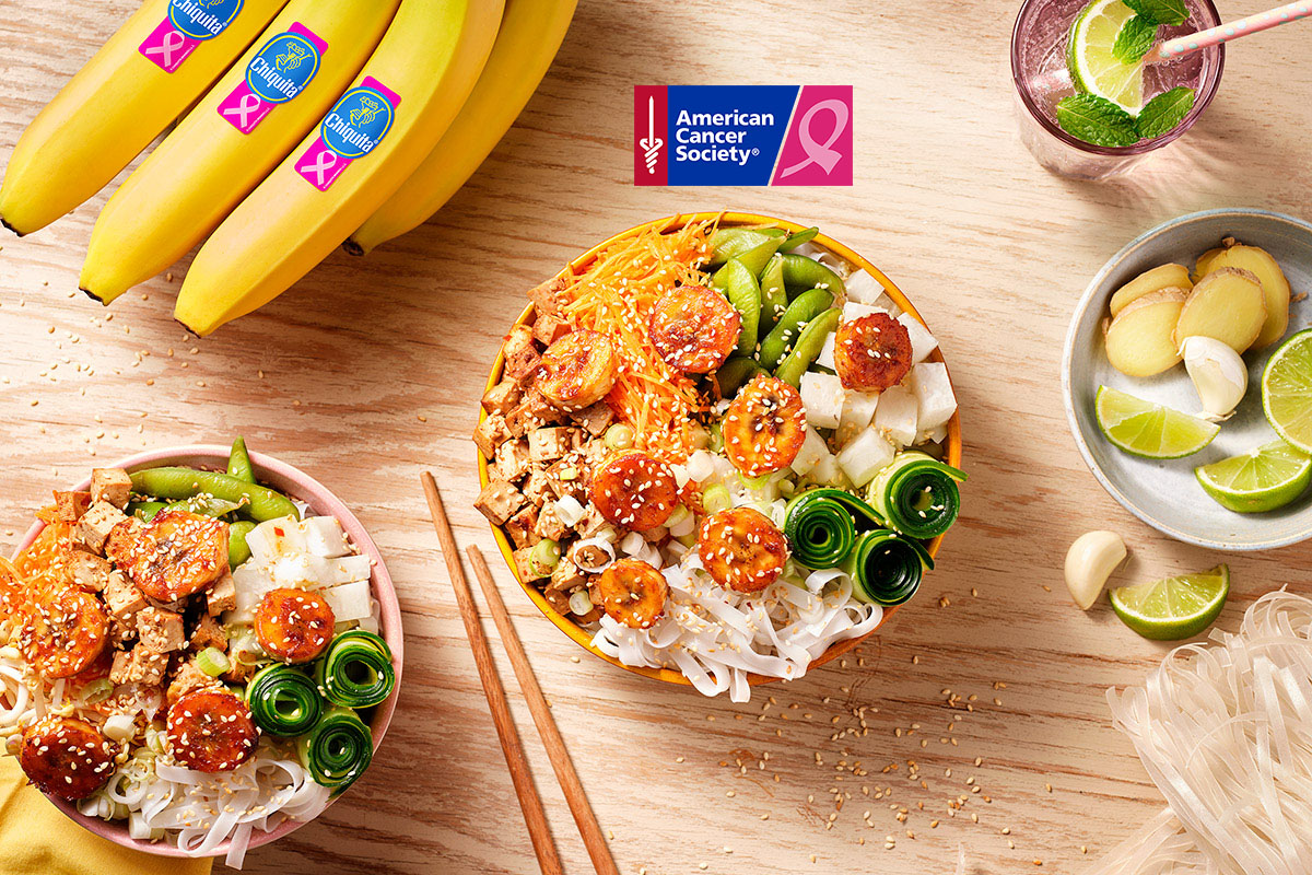 Poké bowl rubans roses Chiquita végétalien